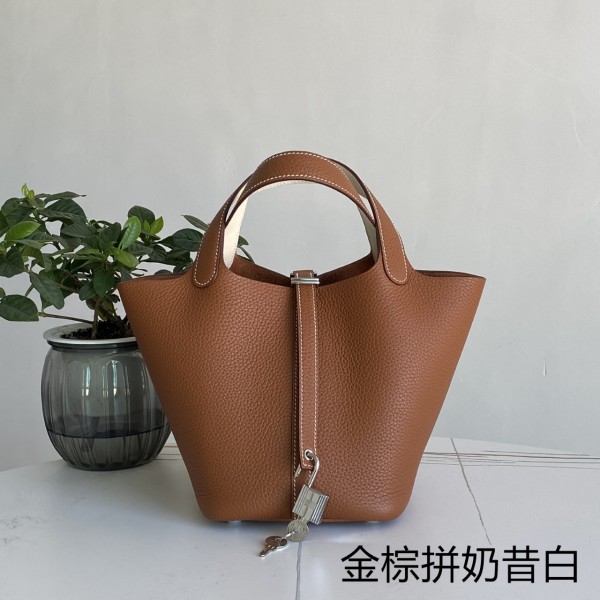 「#4357」 Hermès Golden Brown and Milkshake White Silver Buckle Picotin Lock 18cm