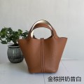 「#4357」 Hermès Golden Brown and Milkshake White Silver Buckle Picotin Lock 18cm