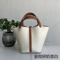 「#4358」 Hermès Golden Brown and Milkshake White Silver Buckle Picotin Lock18cm