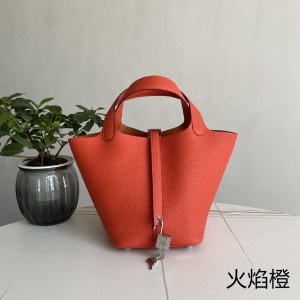 「#4394」 Hermès Flame Orange Silver Buckle Picotin Lock 18cm