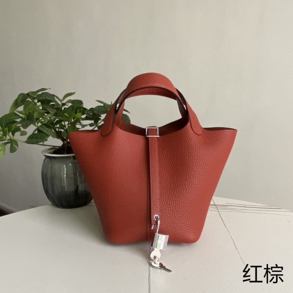 「#4402」 Hermès red brown silver buckle Picotin Lock 18cm
