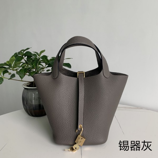 「#4447」 Hermès Pewter Grey Gold Buckle Picotin Lock 18cm