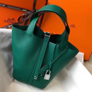 「#4053」 Hermès Green Picotin Lock Shopping Basket Silver Buckle