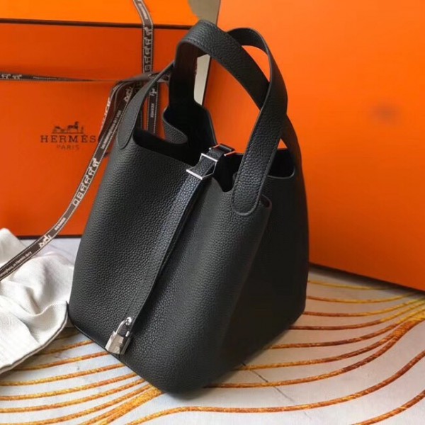 「#4056」 Hermès Black Picotin Lock Shopping Basket Silver Buckle