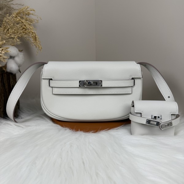 「#4508」 Hermès Moon Bag Cream Grey Silver Buckle Swift Leather Kelly Moove Large Bag 17cm Small Bag 7.5cm