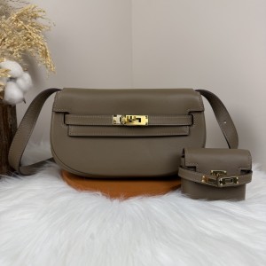 「#4512」 Hermès Moon Bag Elephant Grey Gold Buckle Swift Leather Kelly Moove Large Bag 17cm Small Bag 7.5cm