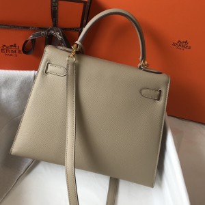 「#4060」Hermès Trench Coat Gray Kelly Bag Gold Buckle 25cm
