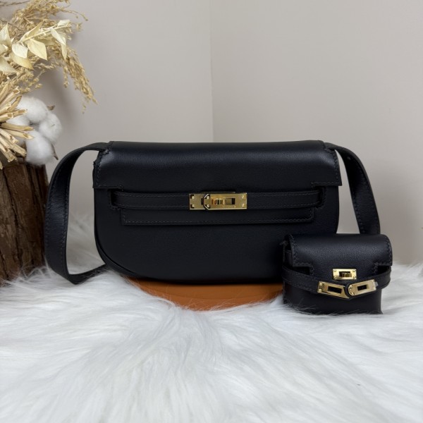「#4516」 Hermès Moon Bag Black Gold Buckle Swift Leather Kelly Moove Large Bag 17cm Small Bag 7.5cm