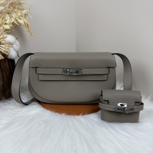 「#4519」 Hermes Moon Bag Asphalt Grey Silver Buckle Swift Leather Kelly Moove Large Bag 17cm Small Bag 7.5cm