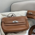 「#4520」 Hermès Moon Bag Golden Brown Silver Buckle Swift Leather Kelly Moove Large Bag 17cm Small Bag 7.5cm