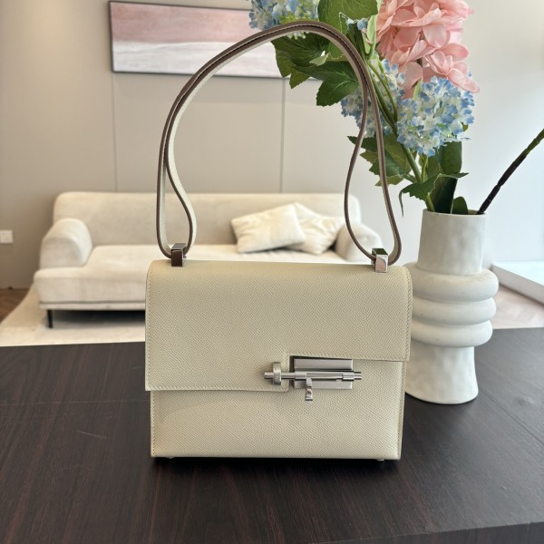 「#4525」 Hermes Pistol Bag Milkshake White Verrou Epsom Leather Stainless Steel Hardware Semi-handmade Wax Thread Sewing 21cm