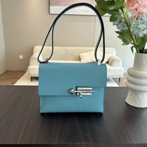 「#4526」 Hermes Pistol Bag Northern Blue Verrou Epsom Leather Stainless Steel Hardware Semi-Handmade Wax Thread Sewing 21cm