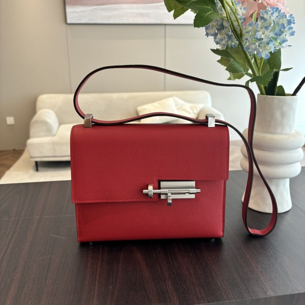 「#4528」 Hermes pistol bag red Verrou epsom leather stainless steel hardware semi-handmade wax thread sewing 21cm
