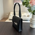 「#4531」 Hermes Pistol Bag Black Verrou Epsom Leather Stainless Steel Hardware Semi-Handmade Wax Thread Sewing 21cm