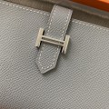 「#4565」 Hermes Linen Blue Suit Clip Bearn Wallet Togo Leather 17.5*9cm