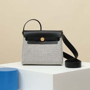 「#4570」 Hermès Black HB20H Viking Canvas and Hunter Leather Shoulder Bag 20cm