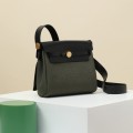「#4576」 Hermès Black/Bronze Green Gold Buckle HB20H Viking Canvas and Hunter Leather Shoulder Bag 20cm