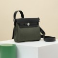 「#4577」 Hermes Black/Bronze Green Silver Buckle HB20H Viking Canvas and Hunter Leather Shoulder Bag 20cm
