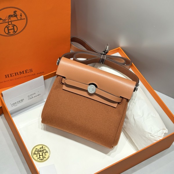 「#4585」 Hermes Gold Brown Silver Buckle HB20H Viking Canvas and Hunter Leather Shoulder Bag 20cm