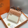 「#4589」 Hermes Apricot Linen Gold Brown Silver Buckle HB20H Viking Canvas and Hunter Leather Shoulder Bag 20cm