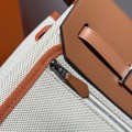 「#4589」 Hermes Apricot Linen Gold Brown Silver Buckle HB20H Viking Canvas and Hunter Leather Shoulder Bag 20cm
