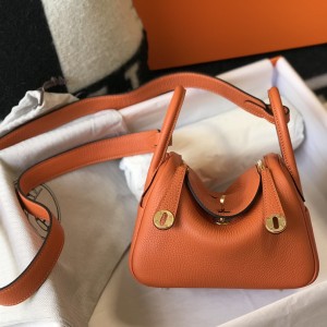 「#4065」 Hermès Flame Orange Mini Lindy Bag Gold Buckle 19.5x12.5