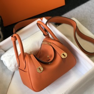 「#4065」 Hermès Flame Orange Mini Lindy Bag Gold Buckle 19.5x12.5