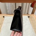「#4078」Mini Kelly 1, black high gloss top layer leather lizard pattern silver buckle 22*14*7cm