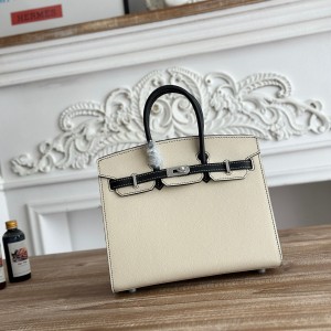 「#4657」Hermes Birkin Milkshake White/Black Epsom Leather, Silver Buckle Hand-sewn Wax Thread 25cm