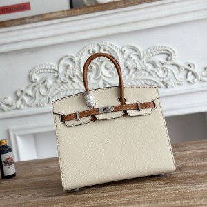 「#4659」Hermes Birkin Milkshake White/Golden Brown Epsom Leather, Silver Buckle Hand-sewn Wax Thread 25cm