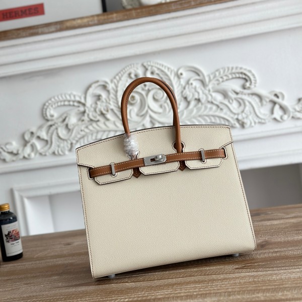 「#4659」Hermes Birkin Milkshake White/Golden Brown Epsom Leather, Silver Buckle Hand-sewn Wax Thread 25cm