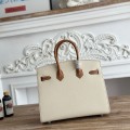 「#4659」Hermes Birkin Milkshake White/Golden Brown Epsom Leather, Silver Buckle Hand-sewn Wax Thread 25cm