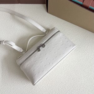 「#7037」Loro pian L19 silver buckle - FAN1034 - 19x6.5x11cm - tender white，Ostrich skin