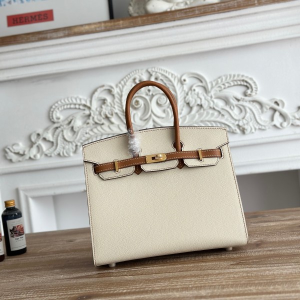 「#4660」Hermes Birkin Milkshake White/Golden Brown Epsom Leather, Gold Buckle Hand-sewn Wax Thread 25cm