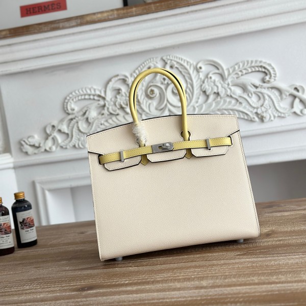 「#4668」Hermes Birkin Milkshake White/Chicken Yellow Epsom Leather, Silver Buckle Hand-sewn Wax Thread 25cm