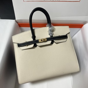 「#4670」Hermes Birkin Milkshake White and Black Epsom Leather, Gold Buckle, Hand-sewn Wax Thread 25cm