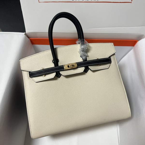「#4670」Hermes Birkin Milkshake White and Black Epsom Leather, Gold Buckle, Hand-sewn Wax Thread 25cm