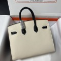 「#4670」Hermes Birkin Milkshake White and Black Epsom Leather, Gold Buckle, Hand-sewn Wax Thread 25cm
