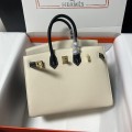 「#4670」Hermes Birkin Milkshake White and Black Epsom Leather, Gold Buckle, Hand-sewn Wax Thread 25cm