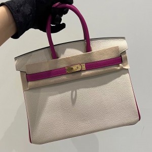 「#4671」Hermes Birkin color matching milkshake white and rose red epsom leather, gold buckle, hand-sewn wax thread 30cm