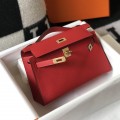 「#4083」 Hermès red mini Kelly bag size 1, gold buckle 22*14*7cm