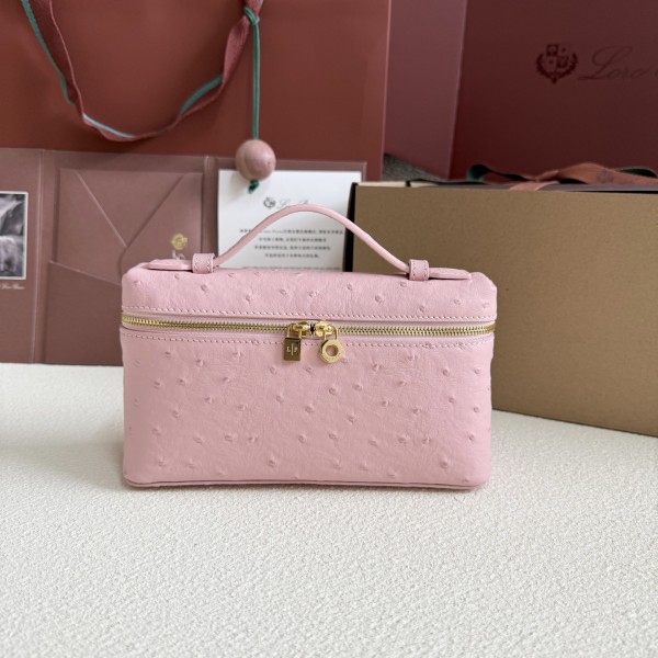 「#7047」Loro pian L19 gold buckle - FAN1034 - 19x6.5x11cm -Sakura powder，Ostrich skin