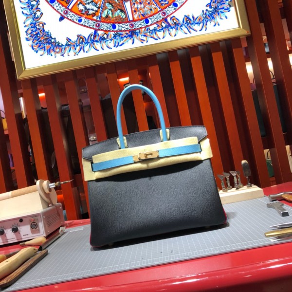 「#4684」Hermes Birkin black with light blue gold buckle epsom leather, hand-sewn wax thread 30cm
