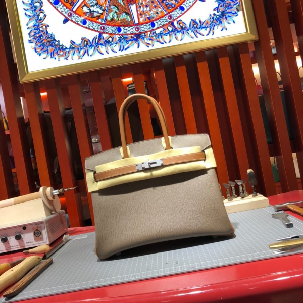 「#4685」Hermes Birkin Elephant Grey with Khaki Silver Buckle Epsom Leather, Hand-sewn Wax Thread30cm