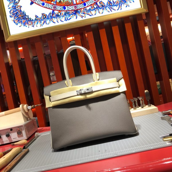 「#4686」Hermes Birkin Iron Grey with Milkshake Silver Buckle Epsom Leather, Hand-sewn Wax Thread 30cm