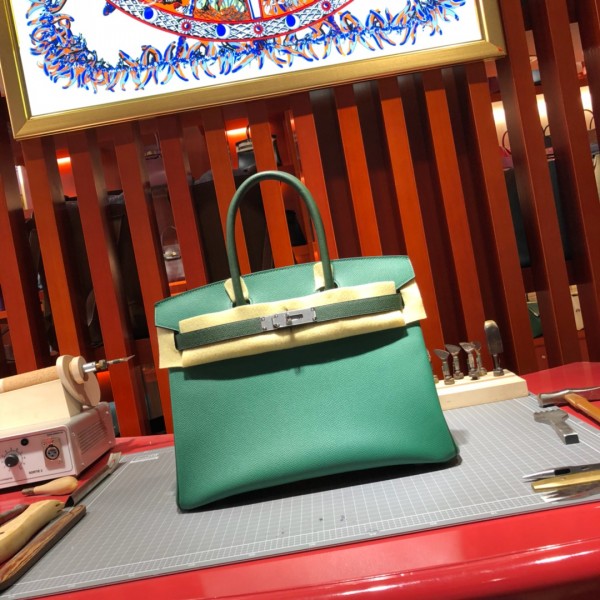 「#4687」Hermes Birkin peacock green with British green silver buckle epsom leather, hand-sewn wax thread 30cm