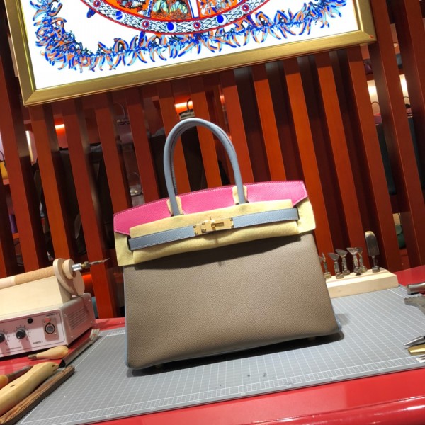 「#4690」Hermes Birkin Elephant Grey with Rose and Linen Blue with Gold Buckle, Epsom Leather, Hand-sewn Wax Thread 30cm 「#4690」Hermes Birkin Elephant Grey with Rose and Linen Blue with Gold Buckle, Epsom Leather, Hand-sewn Wax Thread 30cm