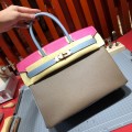 「#4690」Hermes Birkin Elephant Grey with Rose and Linen Blue with Gold Buckle, Epsom Leather, Hand-sewn Wax Thread 30cm 「#4690」Hermes Birkin Elephant Grey with Rose and Linen Blue with Gold Buckle, Epsom Leather, Hand-sewn Wax Thread 30cm