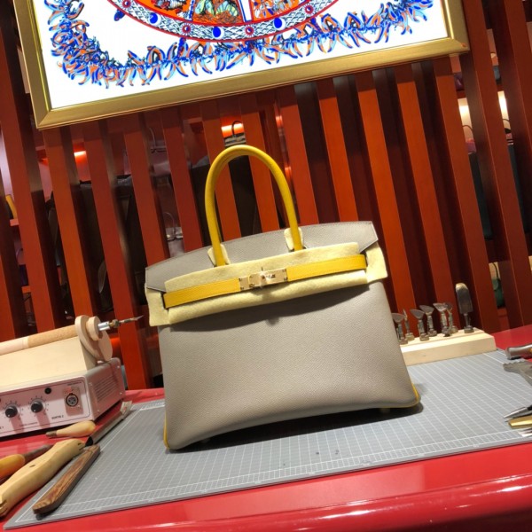 「#4691」Hermes Birkin blue-grey with amber and gold buckle, epsom leather, hand-sewn wax thread 30cm