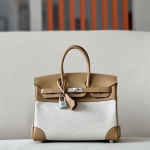 「#4692」Hermes Birkin 4B biscuit color/silver buckle swift leather and canvas, hand-sewn wax thread 25cm